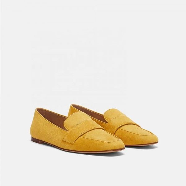 Ladies Yellow Color Faux Suede Leather Upper Square Toe Flat 
