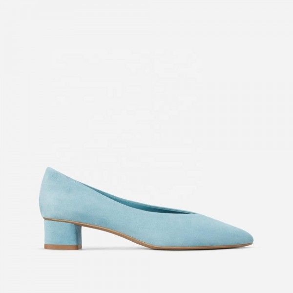 High Class Handcraft Light Blue Round Heel Leather Sole Kid Suede Leather Women Pump Dress Shoes