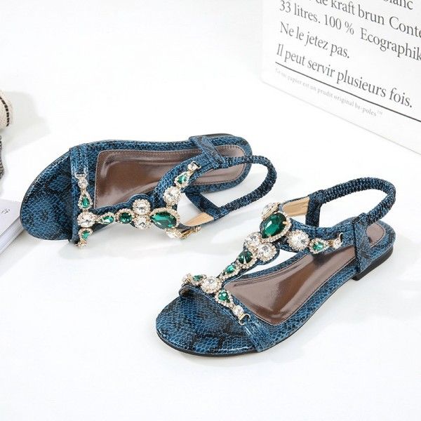 Cross-border plus-size shoes for women size 45 retro Bohemian rhinestone sandals for women 2020 beaded snake sandals