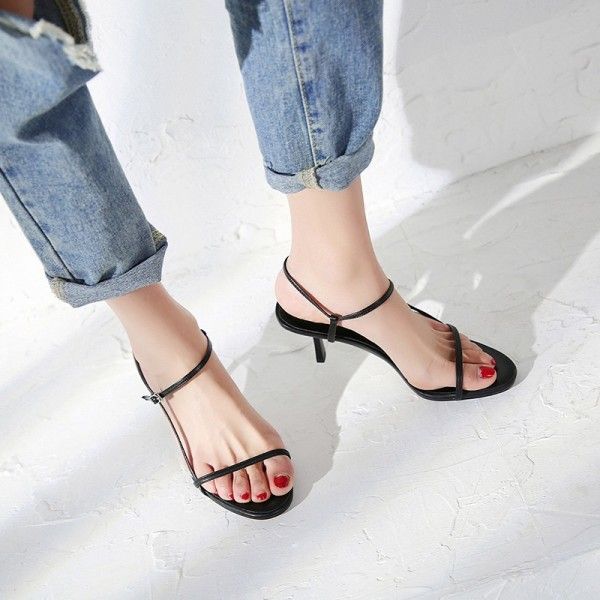 Chic sandal women's summer 2019 new thin heel leather simple thin toe web celebrity the same high-heeled shoes size 43