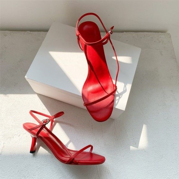 Chic sandal women's summer 2019 new thin heel leather simple thin toe web celebrity the same high-heeled shoes size 43