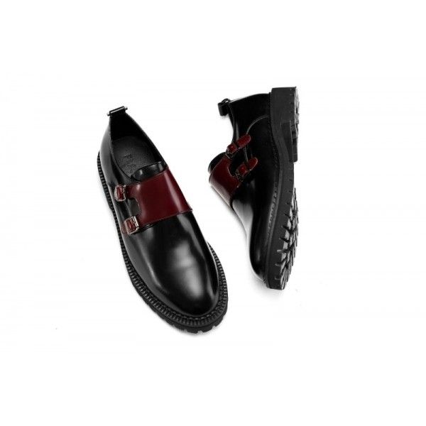2019 new round head British leather shoes buckle black men's shoes Korean version fashion shoes mengke shoes men's shoes thick sole