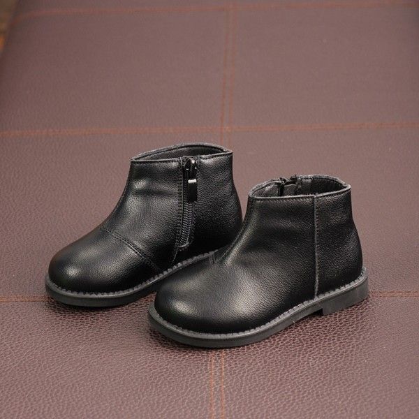 New autumn/winter 2020 children's leather boots boys and girls Korean version of black ankle boots baby soft leather boots with velvet