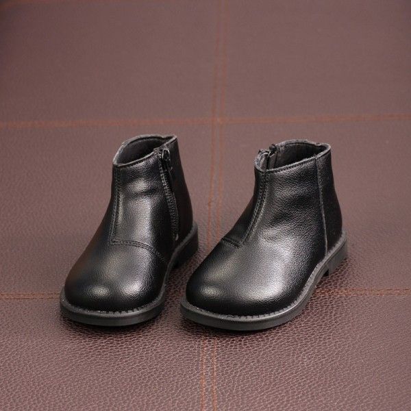 New autumn/winter 2020 children's leather boots boys and girls Korean version of black ankle boots baby soft leather boots with velvet