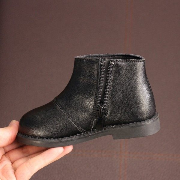 New autumn/winter 2020 children's leather boots boys and girls Korean version of black ankle boots baby soft leather boots with velvet