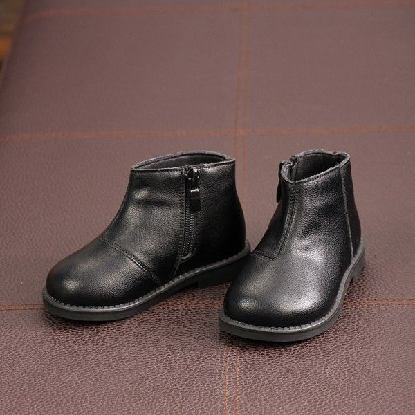 New autumn/winter 2020 children's leather boots boys and girls Korean version of black ankle boots baby soft leather boots with velvet
