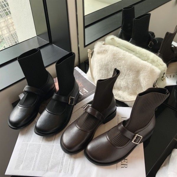 Dapaishow Korean version elastic socks boots female thin thin Mary Jane word buckle British style Martin boots black leather boots