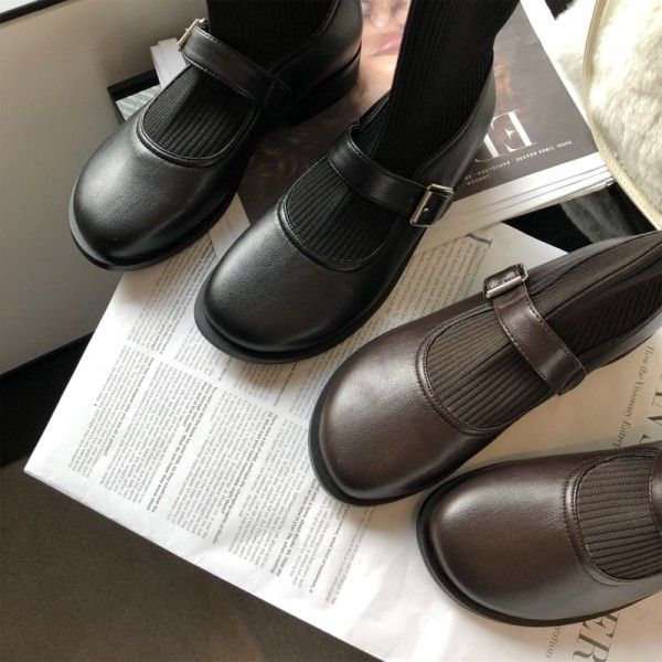 Dapaishow Korean version elastic socks boots female thin thin Mary Jane word buckle British style Martin boots black leather boots