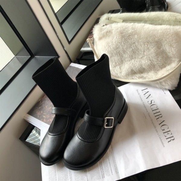 Dapaishow Korean version elastic socks boots female thin thin Mary Jane word buckle British style Martin boots black leather boots
