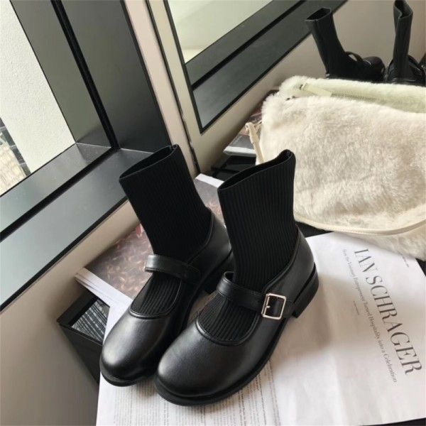 Dapaishow Korean version elastic socks boots female thin thin Mary Jane word buckle British style Martin boots black leather boots