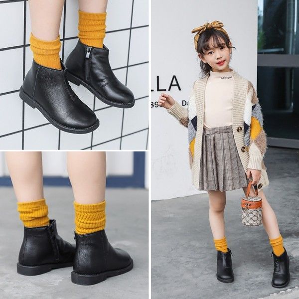 New autumn/winter 2020 children's leather boots boys and girls Korean version of black ankle boots baby soft leather boots with velvet