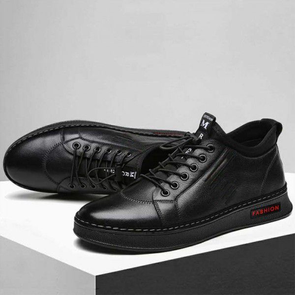 新款时尚男士休闲商务板鞋黑色PU休闲鞋单棉同款跨境男鞋