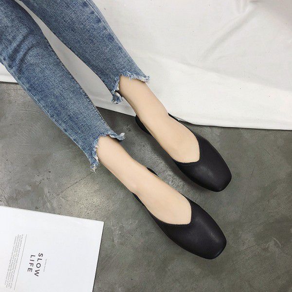 平底单鞋女2022春新款韩版百搭浅口复古奶奶鞋方头简约两穿豆豆鞋
