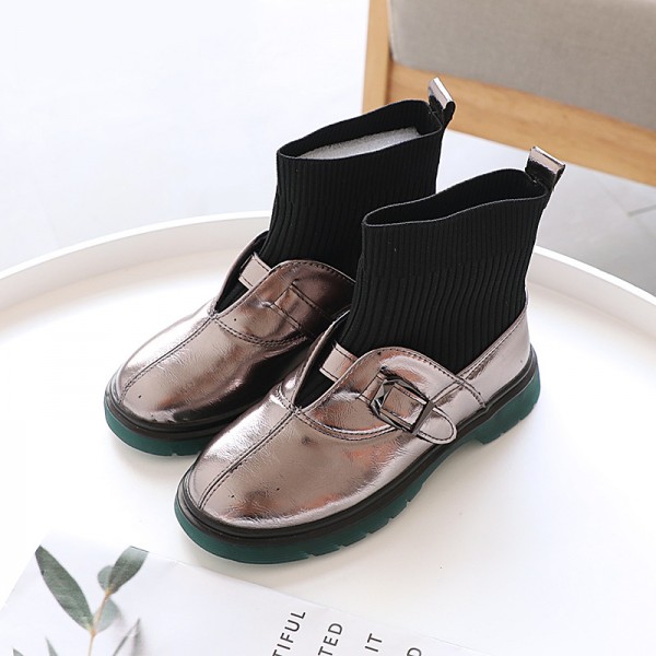 二棉秋冬季新款韩版时尚女童皮靴儿童短靴马丁靴中筒拼接2991