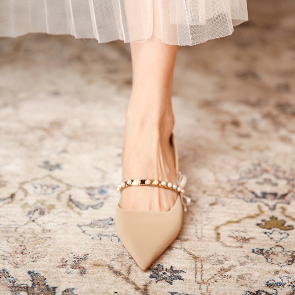 339-15珍珠一字带高跟鞋女2021新款春季法式尖头单鞋优雅蝴蝶结