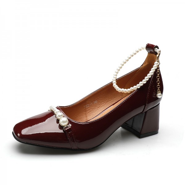 珍珠一字带玛丽珍鞋女2022新款法式粗跟玛丽珍鞋珍珠带高跟单鞋